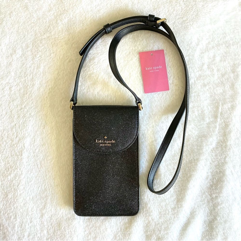 NWT Kate Spade Joeley North South Crossbody Black Glitter Mini Phone